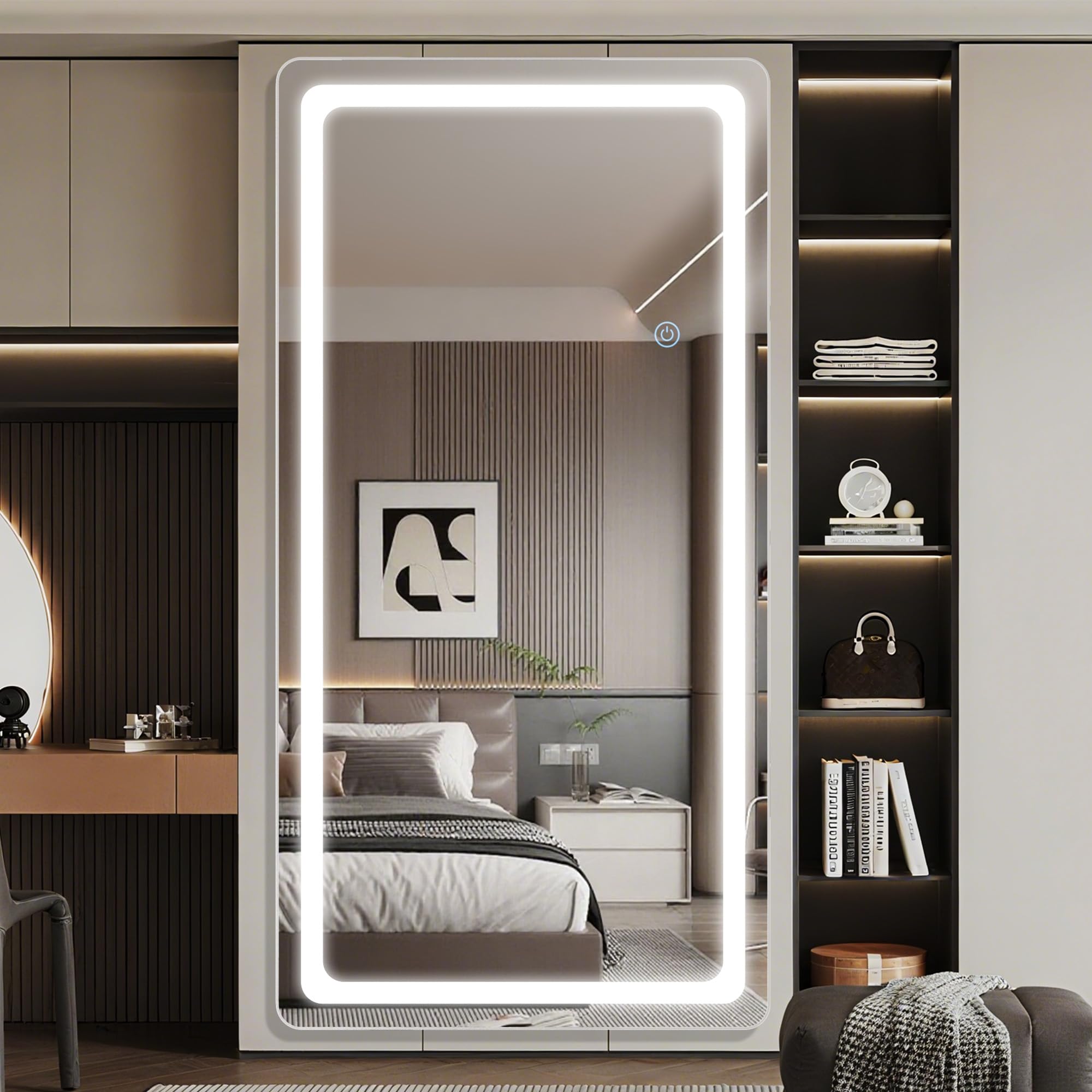 Antok LED Full Length Mirror with Light, 71"x28" Lighted Full Body Mirror with Stand, Dimmable & 3 Color Lighting Standing/Leaning/Wall Mounted Vanity Mirror for Bedroom Cloakroom Livingroom(Rect): 81"L x 41"W Rect Style White