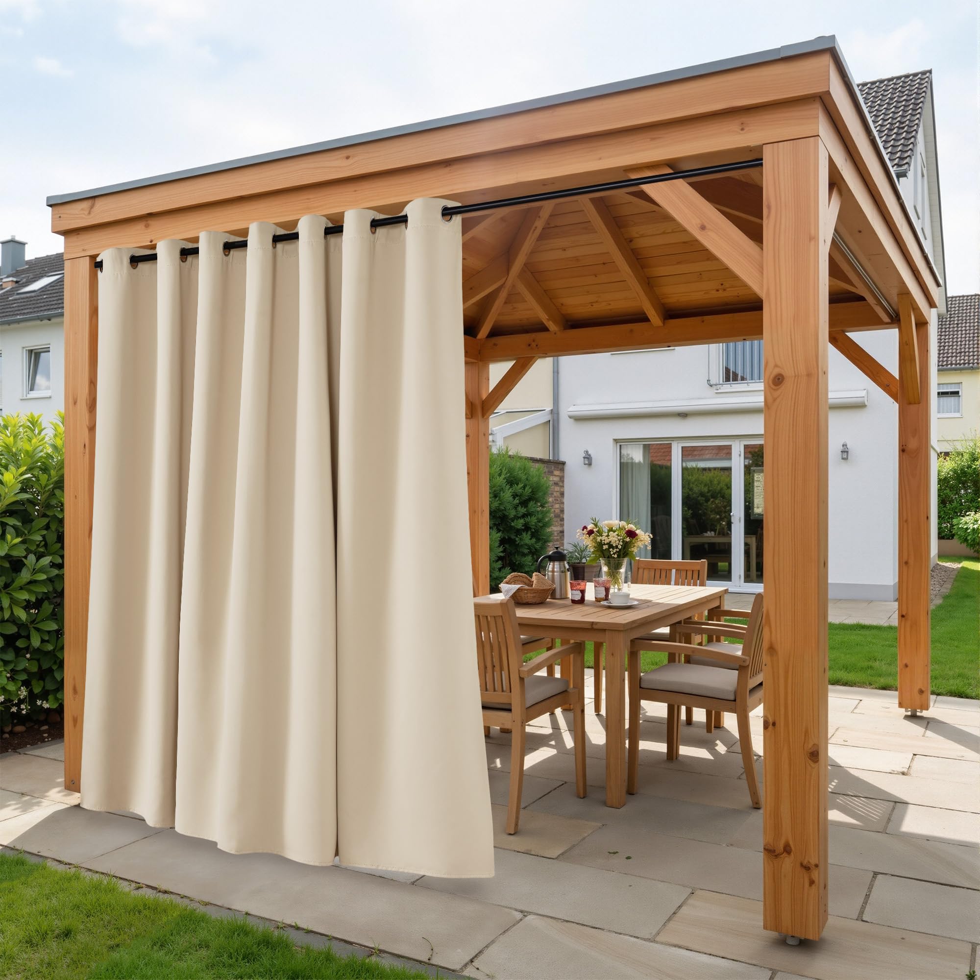 PONY DANCE Outdoor Gardinen Wetterfest 1er Set H 213 x B 254 cm Sonnenschutz & Sichtschutz Balkon Vorhang mit Ösen Outdoorvorhang Wasserdicht Pavillon & Terrasse, Biscotti Beige