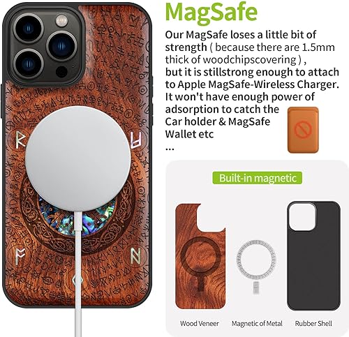 Miniatura 5 de Carveit Funda protectora de madera de diseñador para iPhone 13 Pro Max, funda magnética, grabado de madera e incrustaciones de concha, funda de