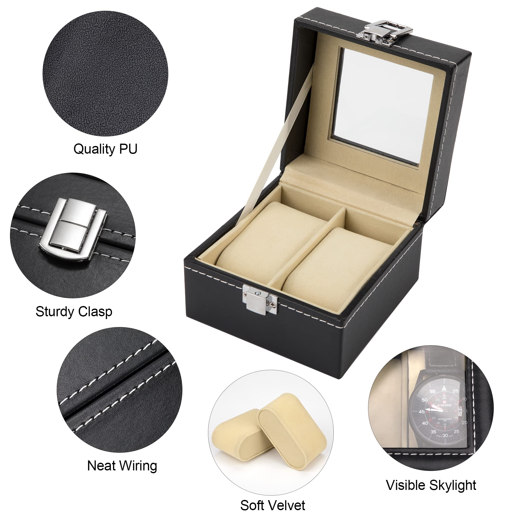 Horloge Box 2 Slots Horloge Case PU Lederen Horloge Display Opbergdoos met Glazen Deksel Sieraden Collectie Case Organizer Houder voor Mannen Vrouwen