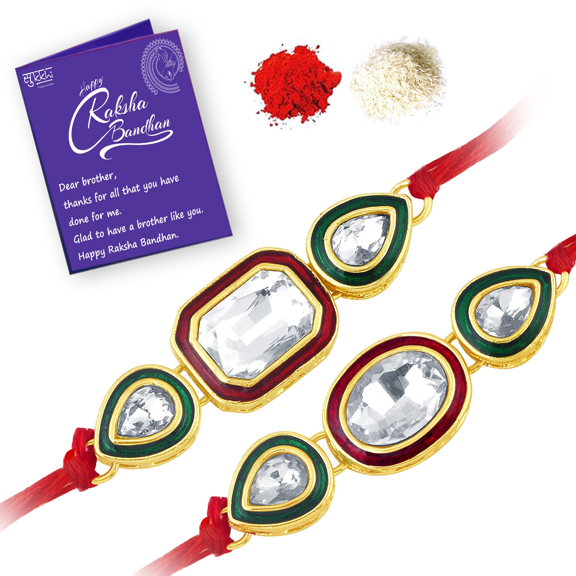 Sukkhi Rakhi Ethnic Kundan Rakhi Combo & Designer Gold Plated Premium Rakhi for Brother, Roli Chawal & Greeting Card | Rakhi for Bhaiya | Rakhi for MEN | Kundan Rakhi | Rakhi Combo-Set of 2 |CB73443) (B07FM6YDX1) Amazon Price History, Amazon Price Tracker