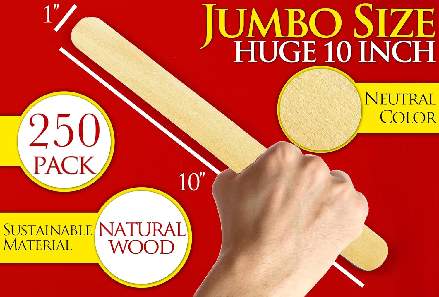 Popsicle Sticks for Crafts | 10-Inch Jumbo Large Wooden Paint Stir Sticks | Tongue Depressors Wood | Wax Epoxy Resin Mixing Sticks (10-Inch 250-Pack, Natural Wood)