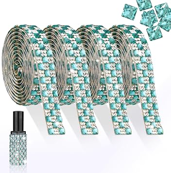 4 Yards Rhinestones Ribbon Self Adhesive Aquamarine Crystal Rhinestone Strip with 4MM Square Gems Bling Rhinestones Tape Roll for DIY Bedazzling Craft, Car, Wedding, Home Decoration