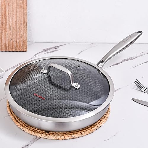 Miniatura 5 de DELARLO Sartén de tres capas de acero inoxidable de 12 pulgadas con tapa, sartén de inducción apta para horno, apta para todas las estufas (mango