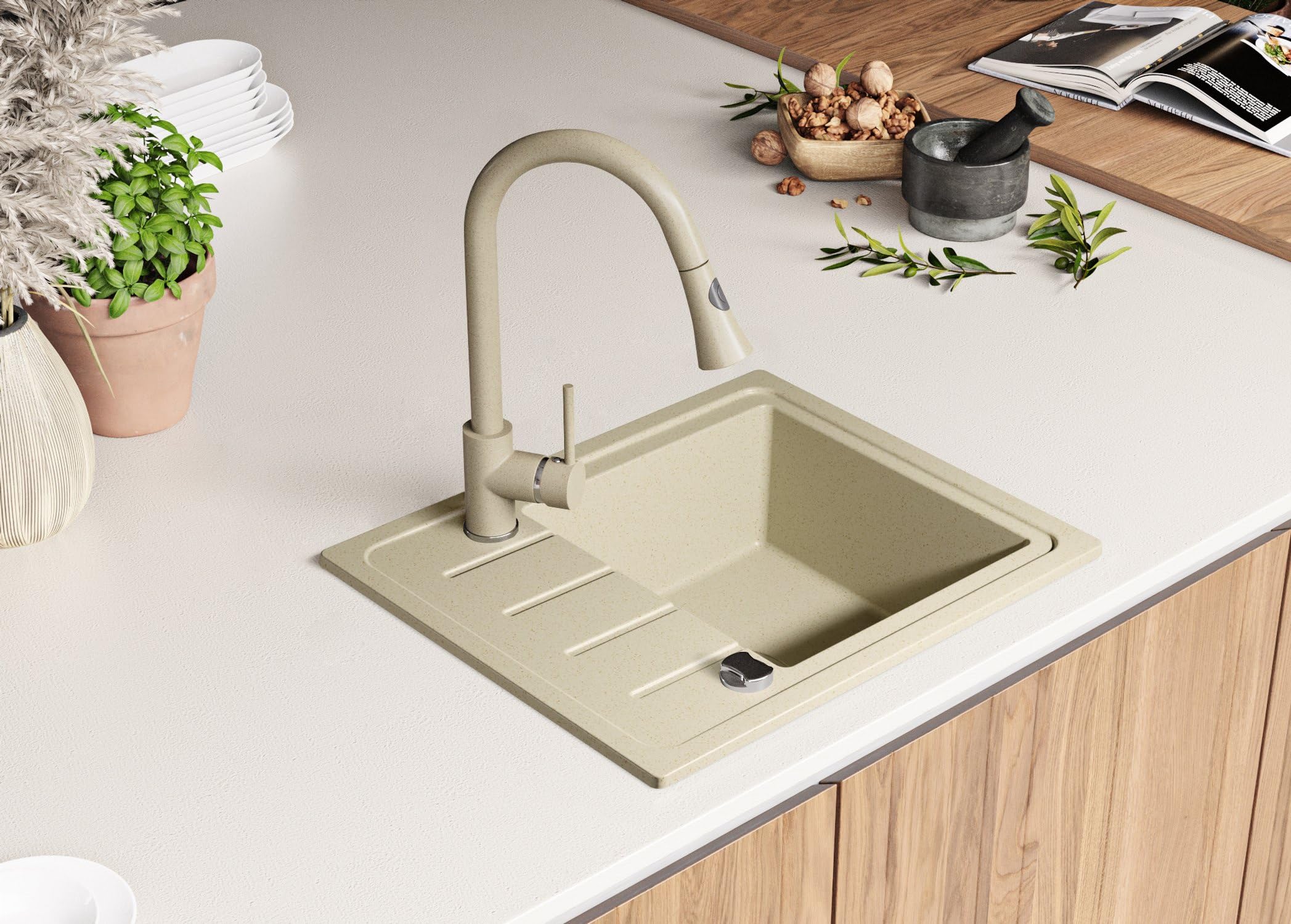 PRIMAGRAN Fregadero Cocina Beige - Copenhague Easy, 55x44cm | Granito 1 Seno + Sifón, sobre Encimera al Mueble 45cm (S006)