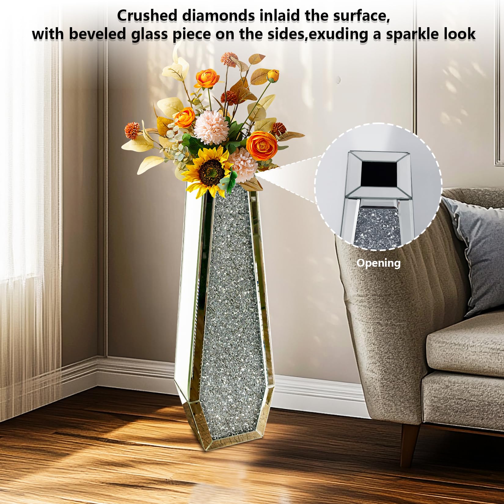 Bodenvase Groß 68cm Hoch Standvase: Silberne Vase Kristall für Pampasgras, Glas verspiegelte Diamanten Blumenvase, Dekorative Luxus Glitzer vasen für Wohnzimmer Home Decor– Kein Wasserhalt