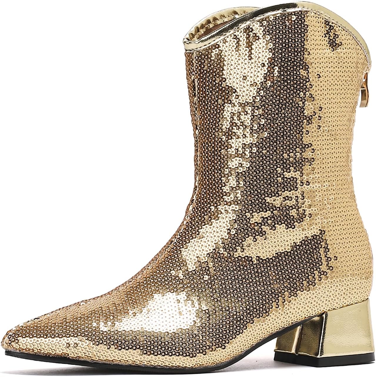 GATUXUS Women's Sequin Sparkly Ankle Boots Chunky Heels Zipper Sexy Pointed Toe Cowboy Cowgirl Booties Dress Shoes