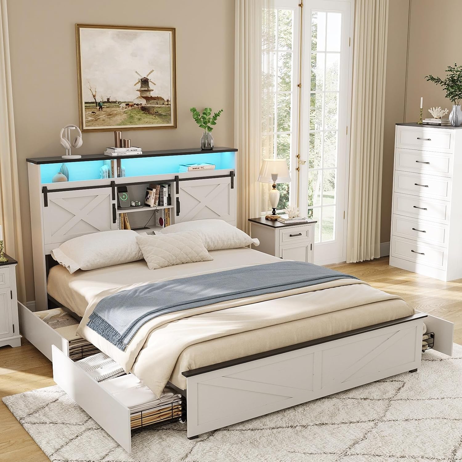 SIMILAR Maupvit Queen Size Farmhouse Bed Frame with 4 Drawers and Sliding Barn Door, LED Light, Storage Shelves and Charging Station Metal Platform Bed Frame No Box Spring Needed, White White X Door Queen
