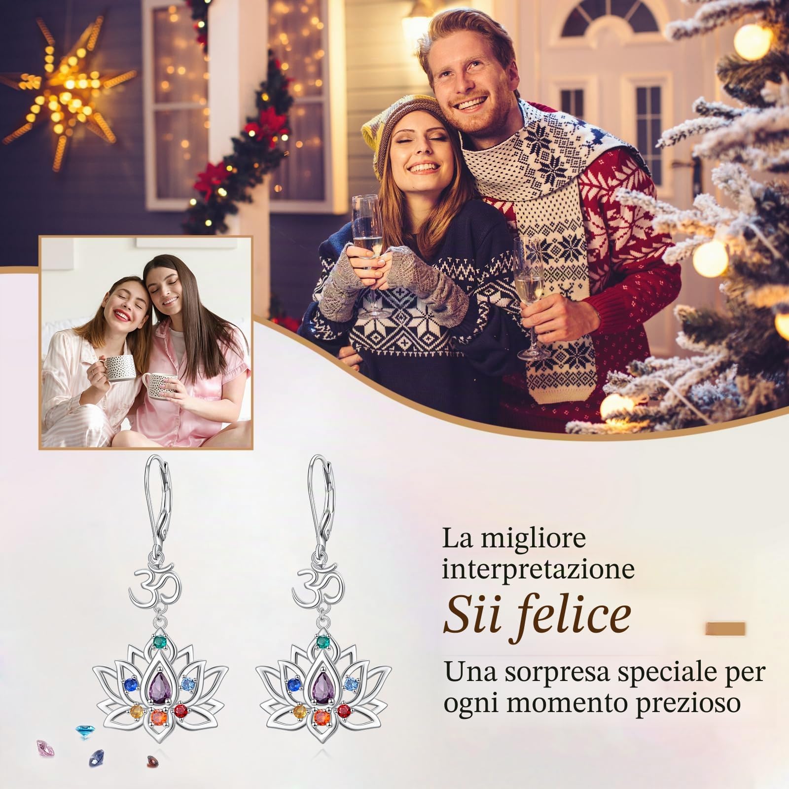 Flyow Lotus Chakra - Set di gioielli in argento Sterling 925 con 7 chakra, orecchini e collana a forma di fiore di loto yoga, regalo da donna, 0,97*0,76 Zoll, Argento sterling, Zirconia cubica