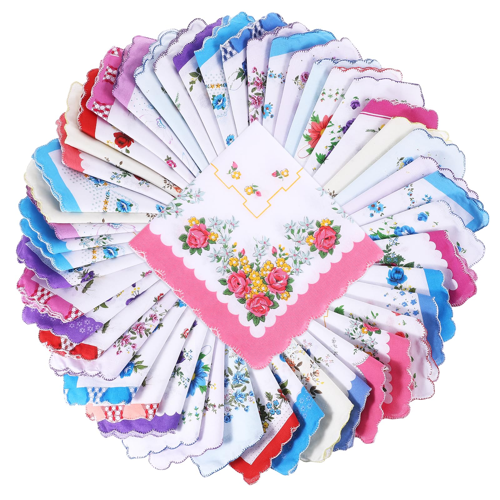 50 pcs Hankies with Vintage Floral Print, 11.8" Cotton Handkerchiefs Women's Print Handkerchiefs with Wavy Edge Pocket Square Towel for Gifting Weddings Home Decor Party-image-39