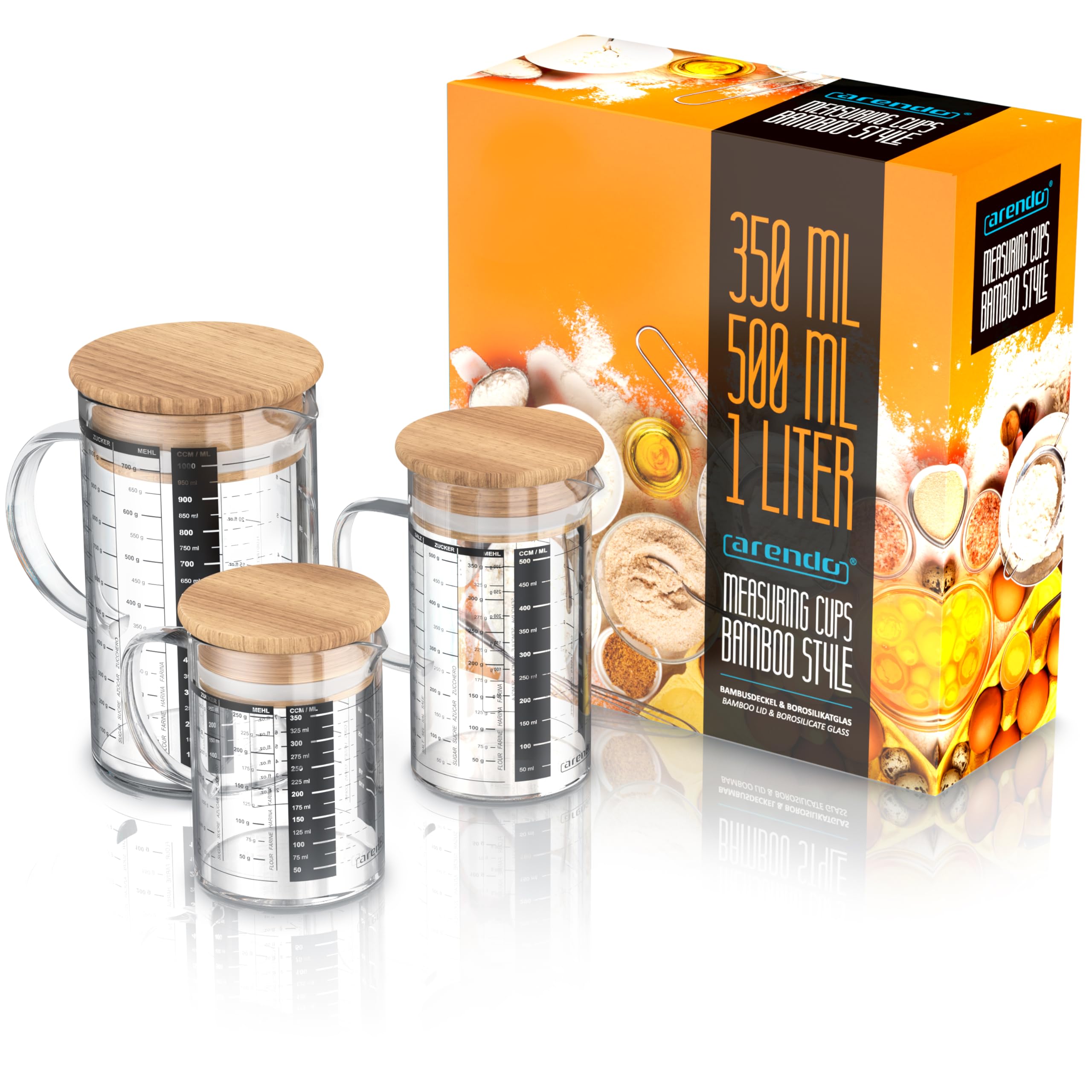 Arendo - Zestaw szklanych pojemników ze szkła borokrzemowego – 350 ml, 500 ml, 1000 ml (0,35 l 0,5 l 1 l) – kubek z miarką szklany dzbanek – odporny na wysokie temperatury – szklany pojemnik z
