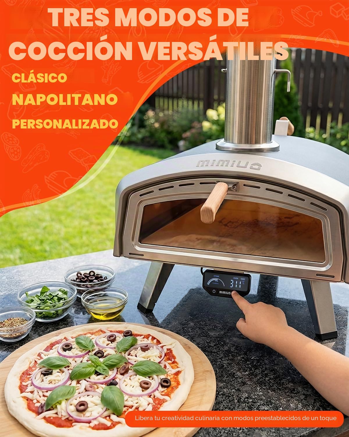 Mimiuo Horno Pizza Exterior Leña y Carbón – Horno Portátil de Acero Inoxidable con Ventana de Visualización y Termómetro LCD, 90s Horneado Rápido, Gran Capacidad para Pizza Napolitana Auténtica