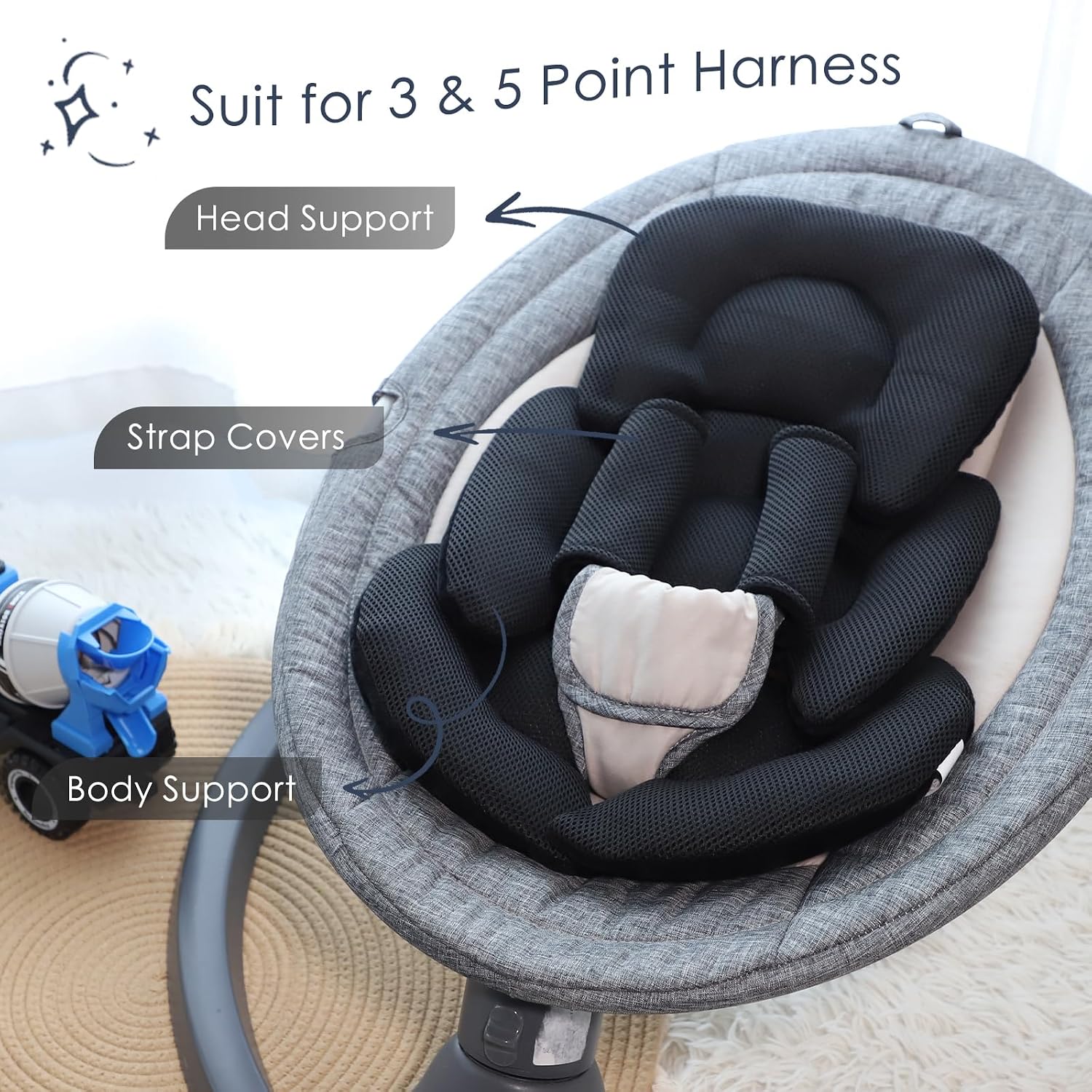 Infant Car Seat Insert for Newborn Girls Boys, Summer Mesh Baby Carseat Head Support with Strap Pads, Soft Reversible Baby Car Seat Insert Cushion Pad for Car Seat, Stroller, Bouncer, Swing, Black