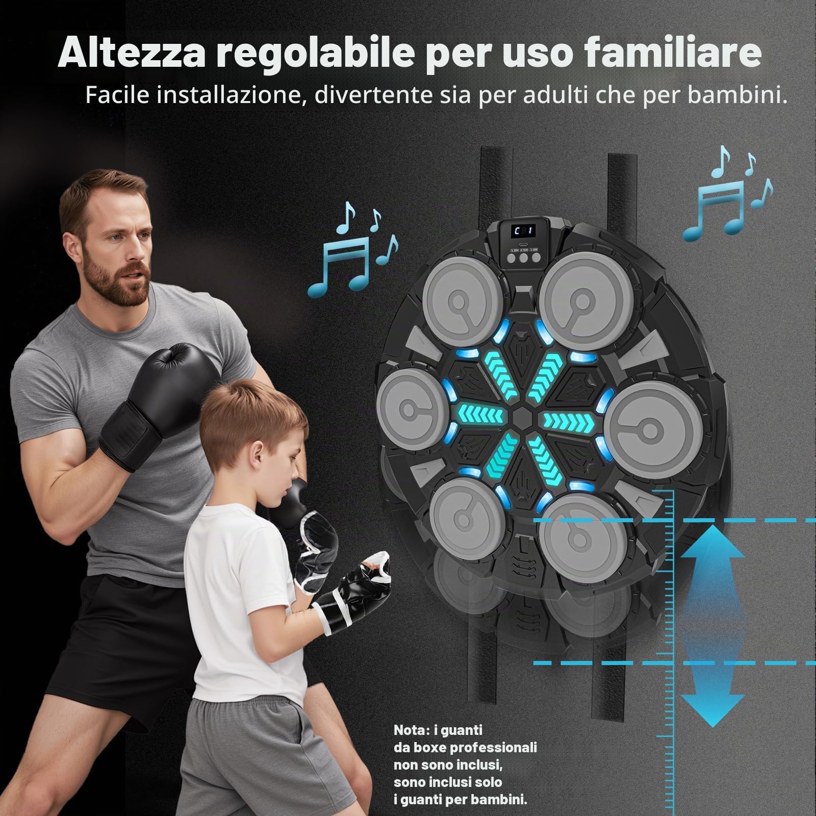 Macchina da Boxe Musicale per Adulti e Bambini, Attrezzatura Intelligente per Allenamento di Boxe, con Bluetooth, da Parete, Bersaglio, Giocattoli Sportivi per Bambini, con guantoni da Boxe