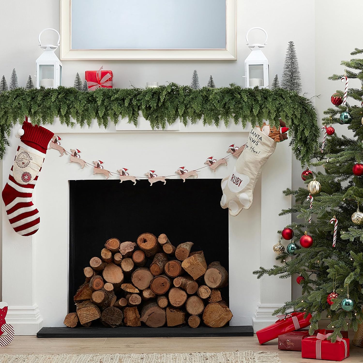 Realistic Christmas Garland for Mantle 6FT Real Touch Thick/Lush Artificial Cedar Garlands Christmas Decorations Indoor Christmas Garland for Stairs Railing Outdoor Fireplace Table Xmas Holiday Decor