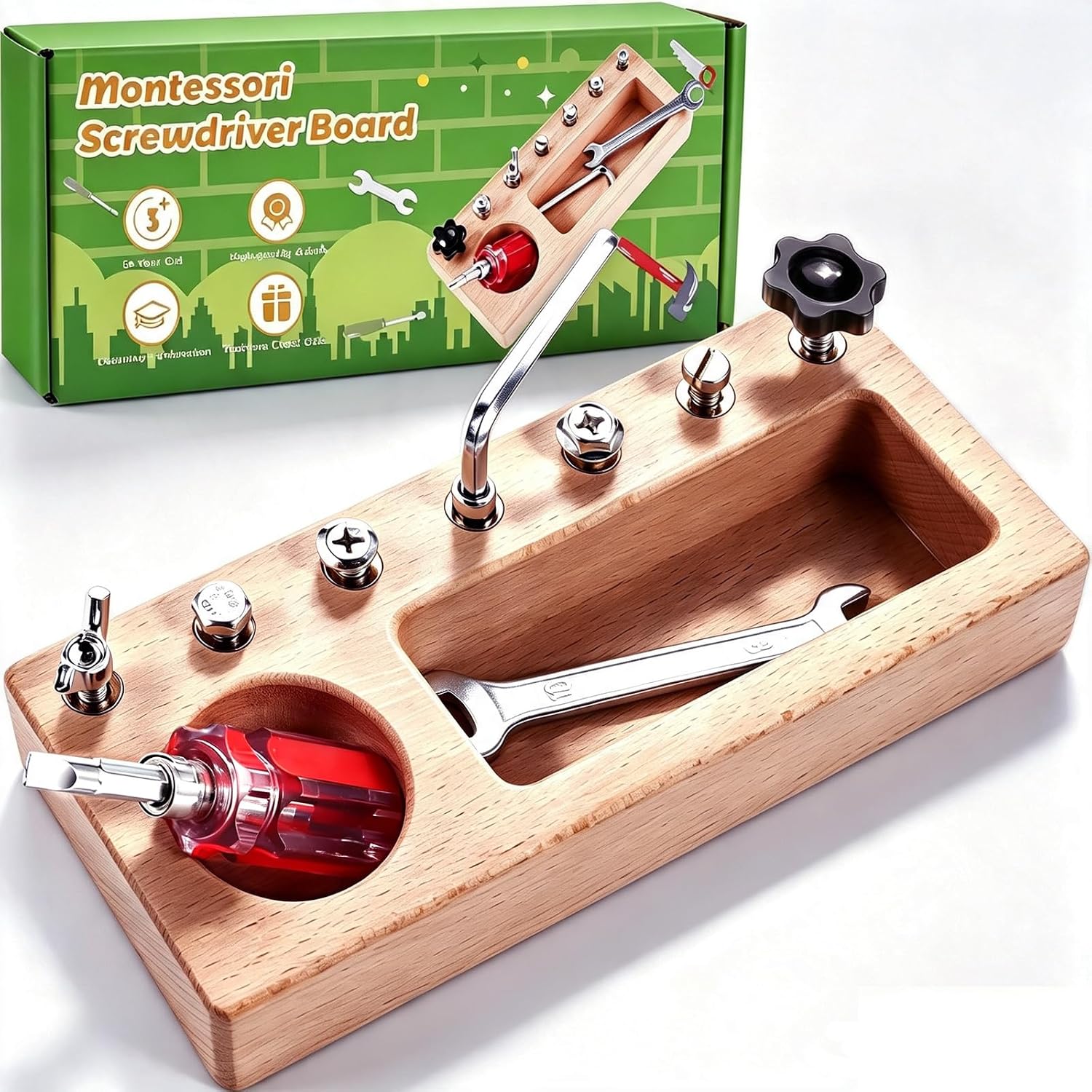 Montessori Screwdriver Board Set, Montessori Toys for 3 4 5 Year Old, Wooden Screw Driver Activities Tools, Fine Motor Skills Preschool Learning Sensory Toy
