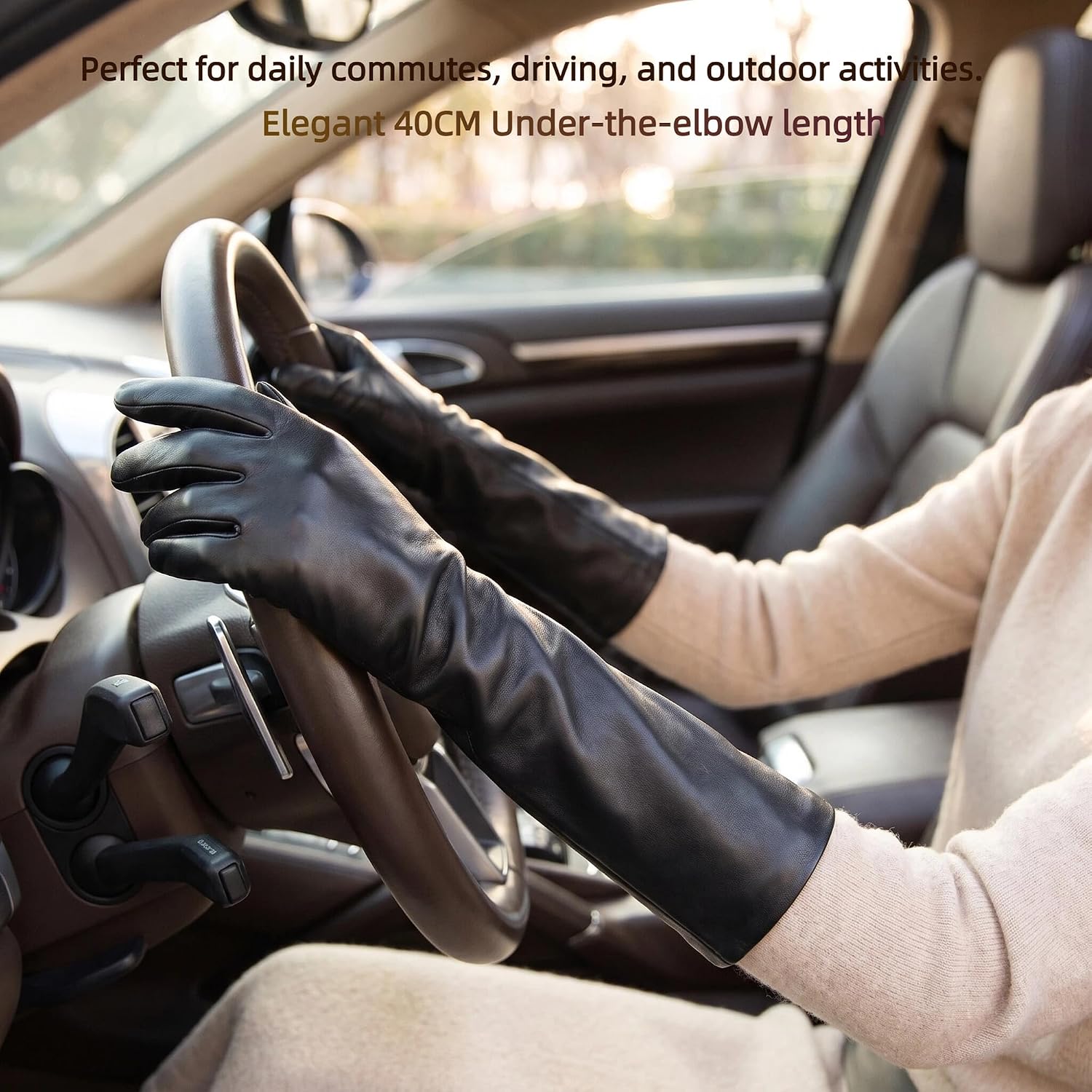 Touch Screen Long Leather Gloves with Silky Lining