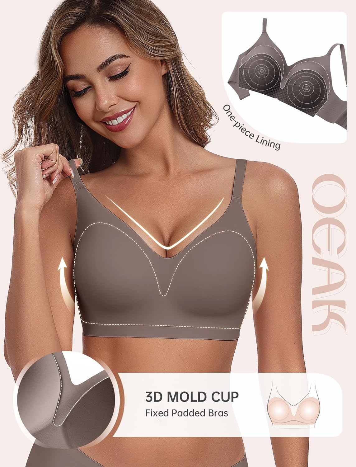OEAK Womens Comfortable Bra Push Up Bras Wireless Support Lift Brassiere V Neck Full Coverage Everyday Seamless Tshirt Bras - Image 3