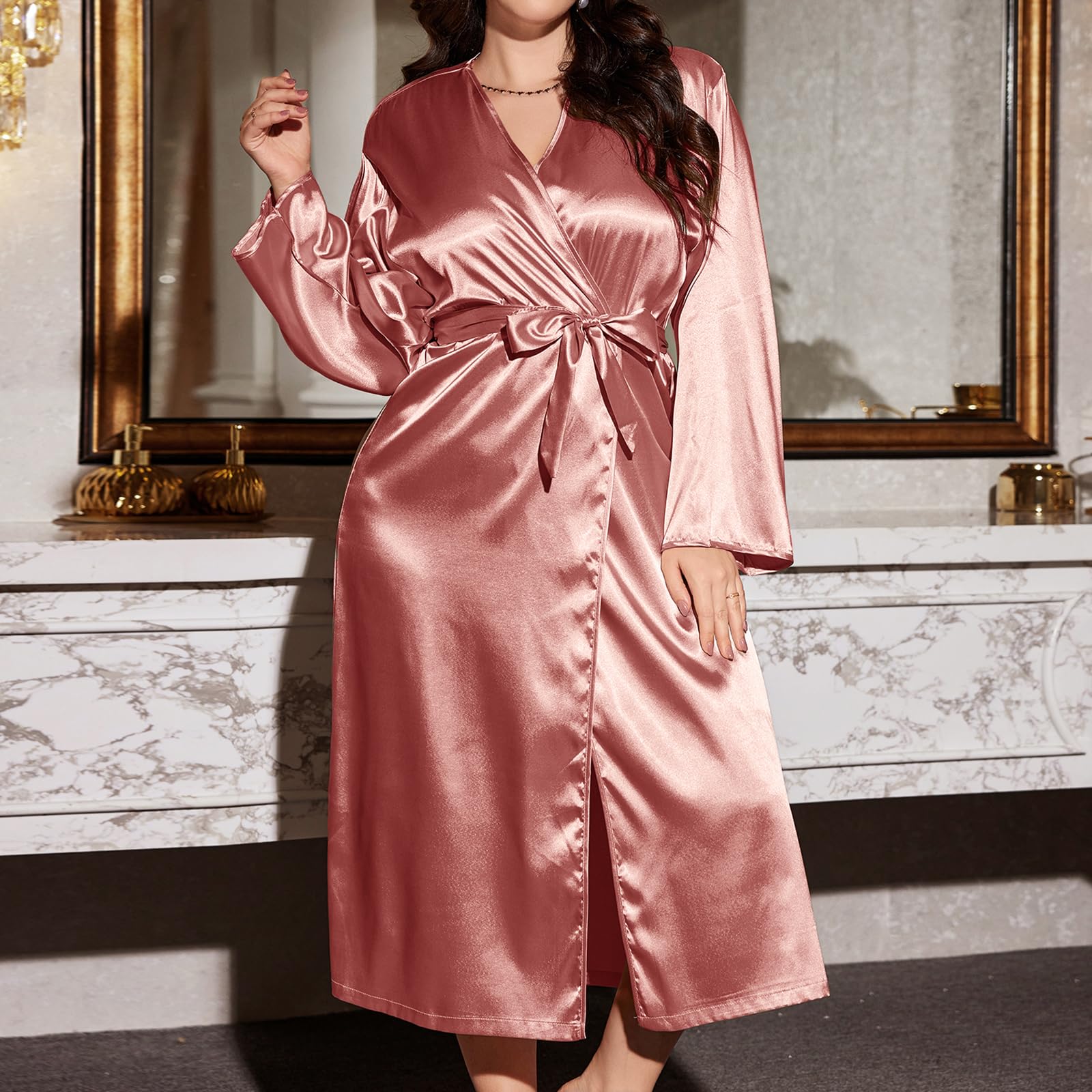 GXNRHG Albornoces Largos y Suaves para Mujer, Batas de Kimono de Manga Larga de Color sólido, Ropa de Dormir có con Cuello en V para Mujer