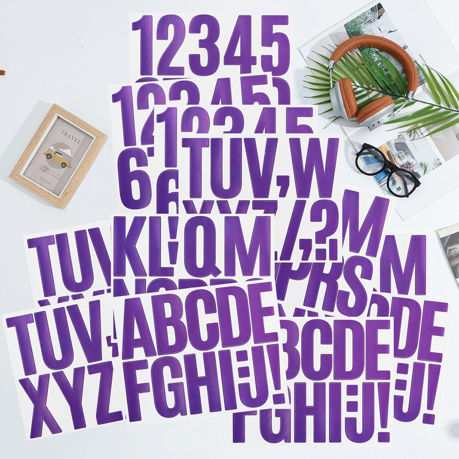 3 Inch Letter Stickers, 138 Pieces Self Adhesive Alphabet Number Sticker for Mailbox, House Number and Water Bottle, Waterproof Sticky Vinyl Symbol Stickers for DIY(12 Sheet Purple)