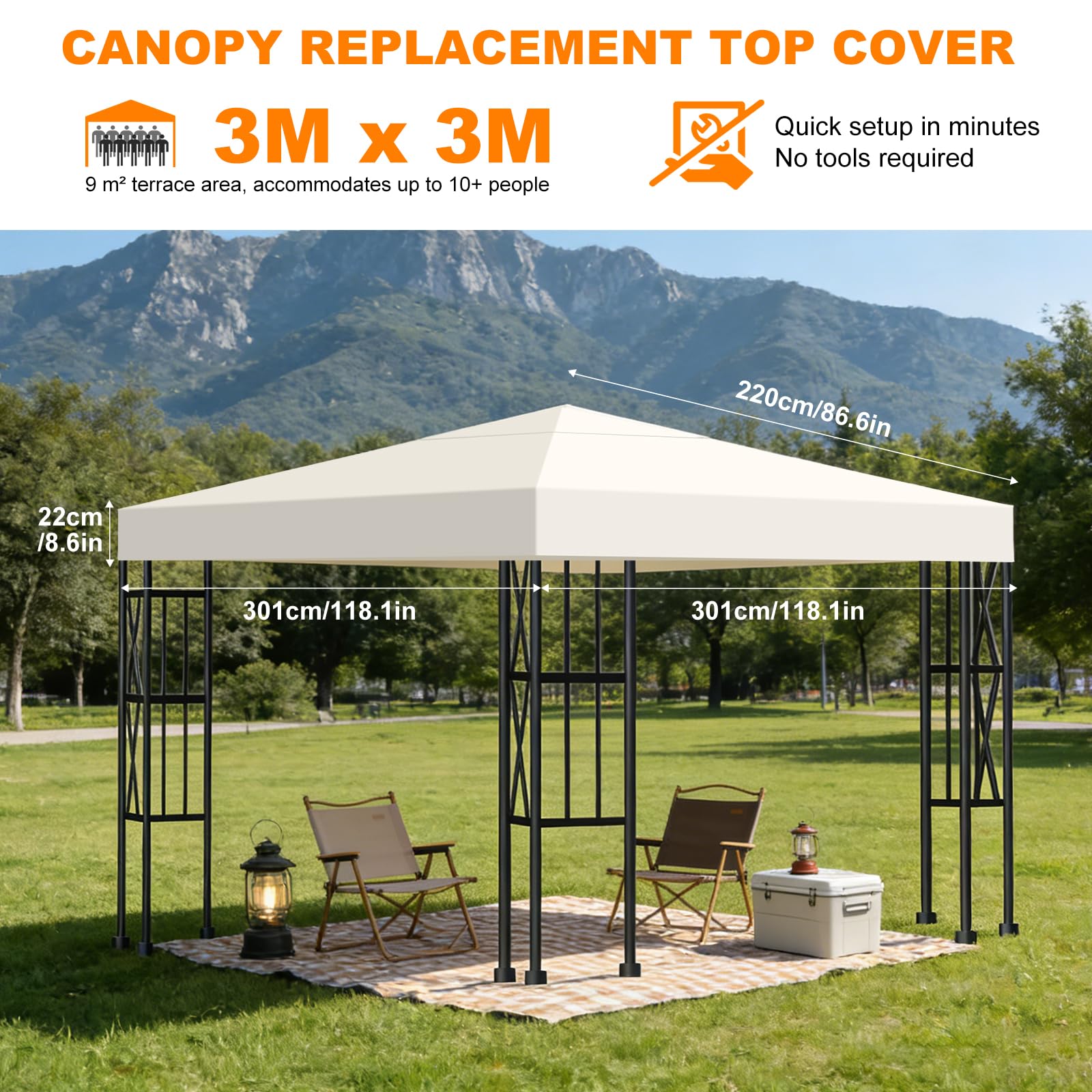 Toile de Tonnelle 3x3 - Toile de Remplacement pour Pergol, Polyester Haute densité Toile de Rechange Tonnelle Tente avec Revêtement PA, Imperméable Anti-UV Toit de Tente Amovible