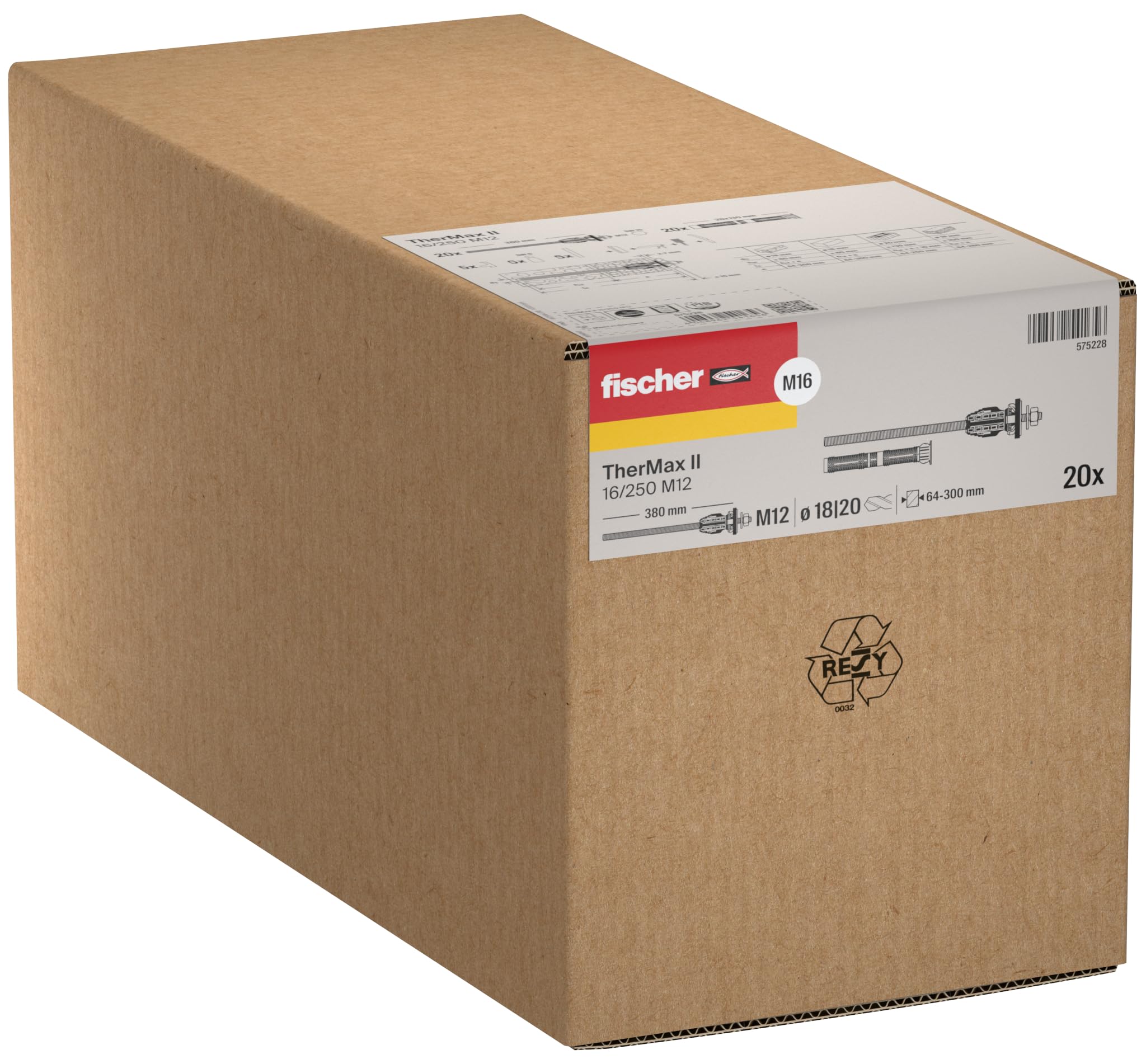 fischer Abstandsmontagesystem TherMax II 16/250 M12 für WDVS, zur Befestigung hoher Lasten in Wärmedämmverbundsystemen, schlagregendicht, mit Anti-Kälte-Konus, 20 Stück