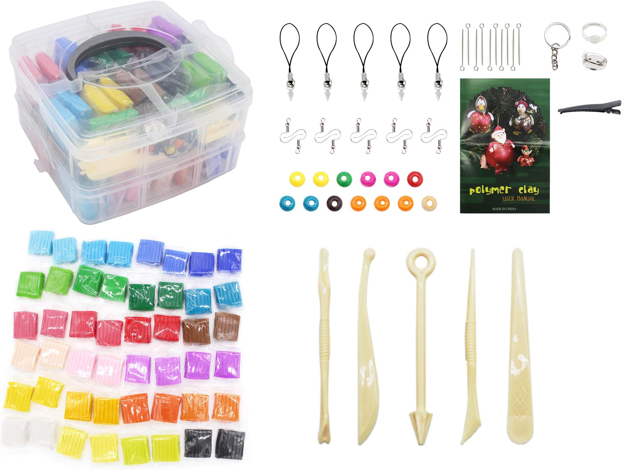 48Pcs Polymer Clay Soft Craft Oven Bake Modelling Clay Kit Portable Suitcase with Tools and Accessories 24 Colored Blocks DIY Clay for Children,2.2LB