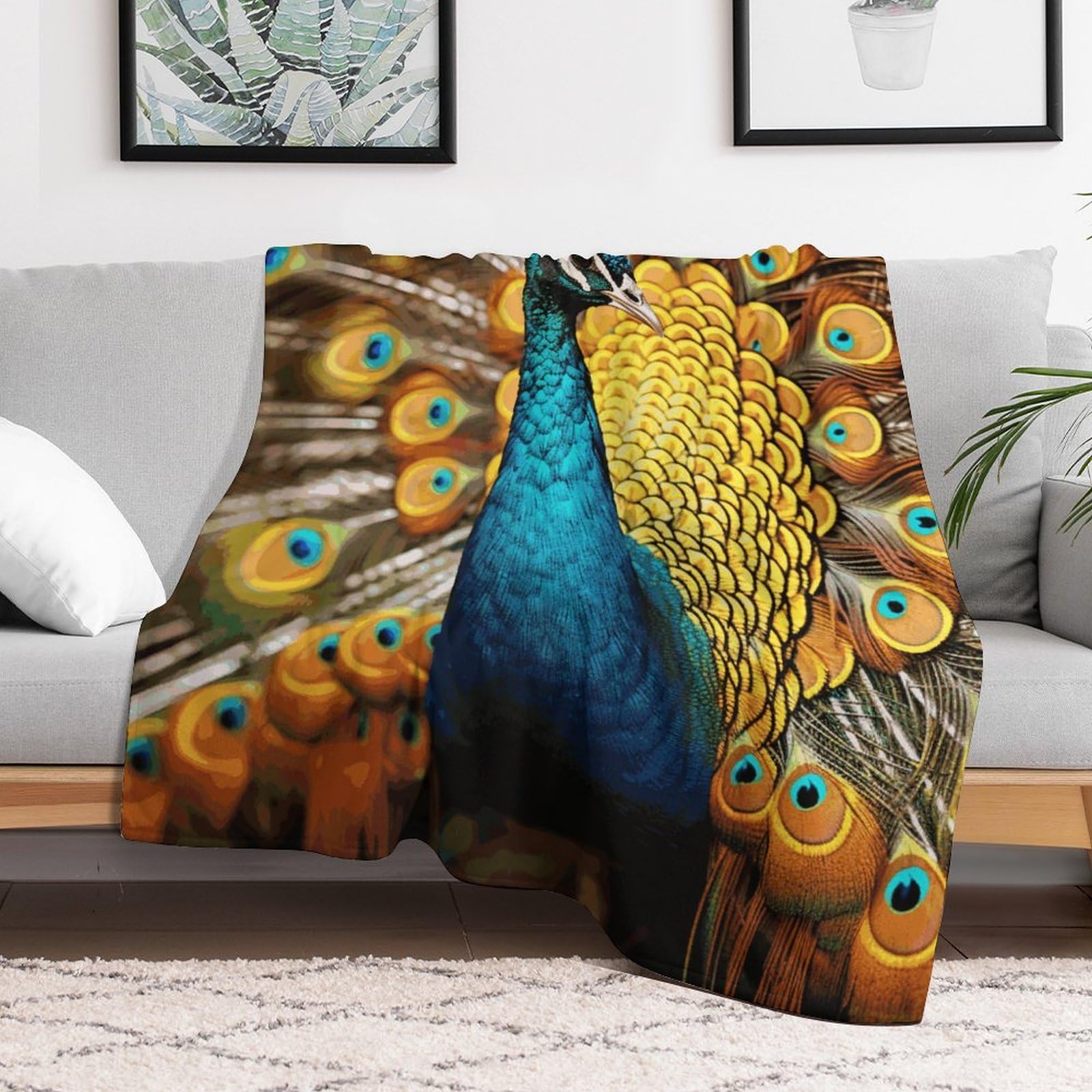 Couverture pelucheuse paon pour cocooning sur le canapé du salon