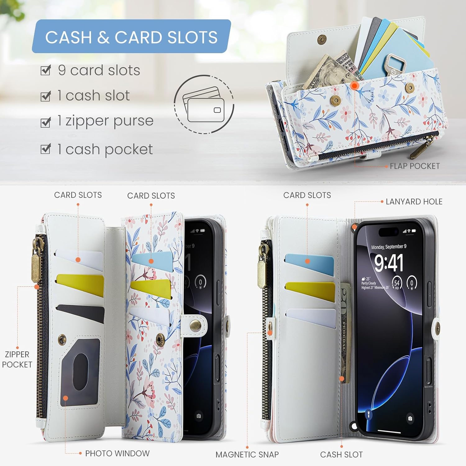 for iPhone 16 Pro Max Case Wallet with RFID Blocking Card Holder Colored Drawing PU Leather Magnetic Snap Flip Zipper Strap Wallet Phone Case Fit for iPhone 16 Pro Max,Leaf - Image 3