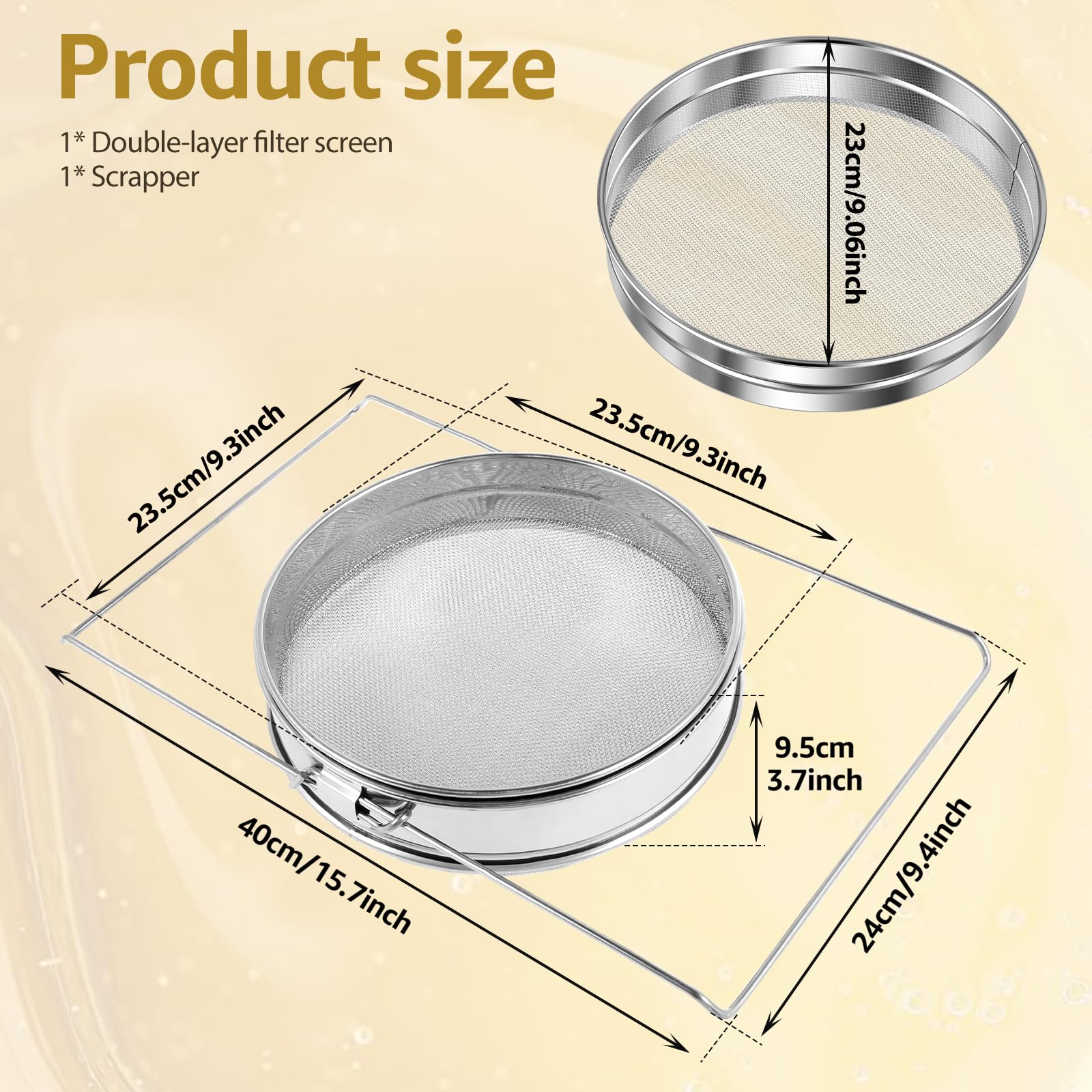 Double filtre à miel avec bras extensibles et grattoir, filtre à miel en acier inoxydable avec tamis pour seau de 5 gallons, miel propre