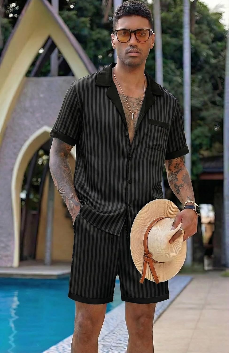 Ekouaer Men Satin Silk Pajamas Set with Pockets Sleepwear Shorts Satin Summer Loungewear 2 Piece Button Down Set S-3XL - Image 3