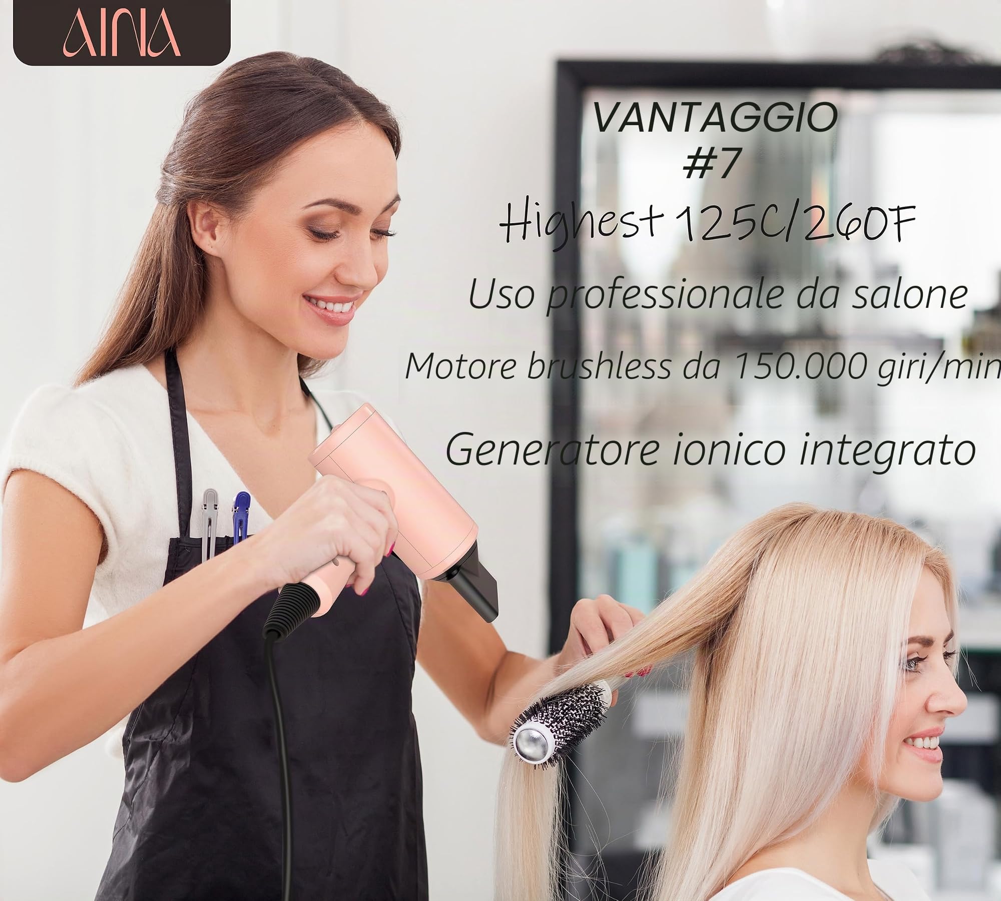 AINA Asciugacapelli professionale (nuova tecnologia), 2300 W, con diffusore, pettine a spazzola per donne, motore BLDC brushless 150.000 giri/min, ionico, indicatore LED, 4 accessori magnetici, 230 V