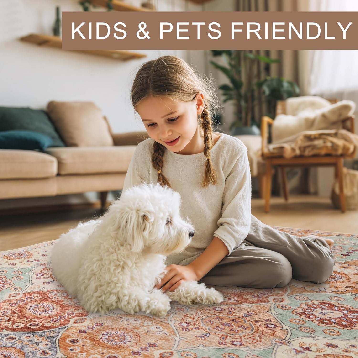 XWZO 2x3 Area Rugs Washable Rug for Living Room，Non-Slip Bedroom Rug Vintage Print Pattern Large Carpet for Office Dining Room Low Piles Indoor Carpet,Cream/Multi,2x3