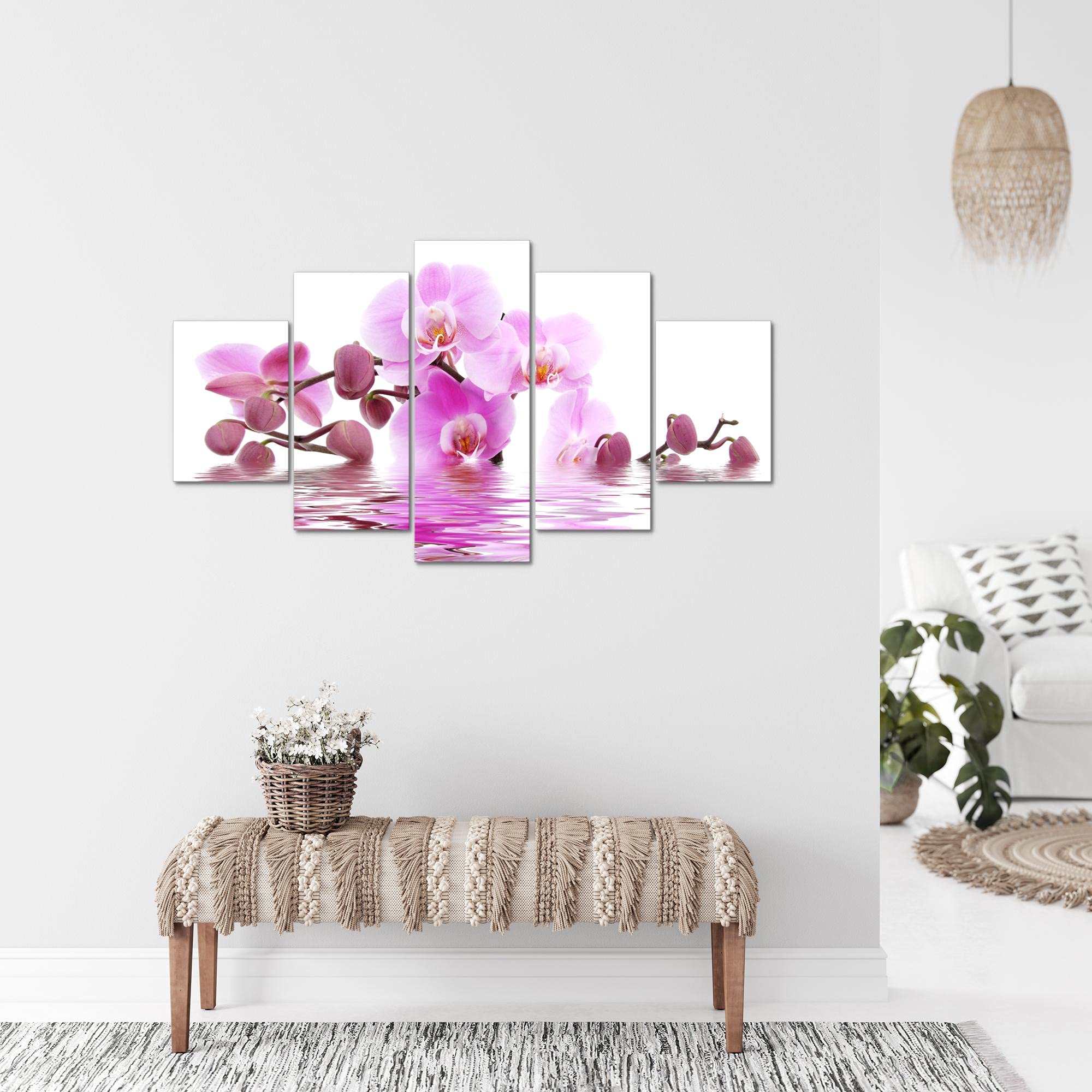 Runa Art Quadro Murale Tela Non Tessuta 5 Pezzi - Orchidee Astratte Rosa E Grigio, 008353b, Per Camera Da Letto E Corridoio