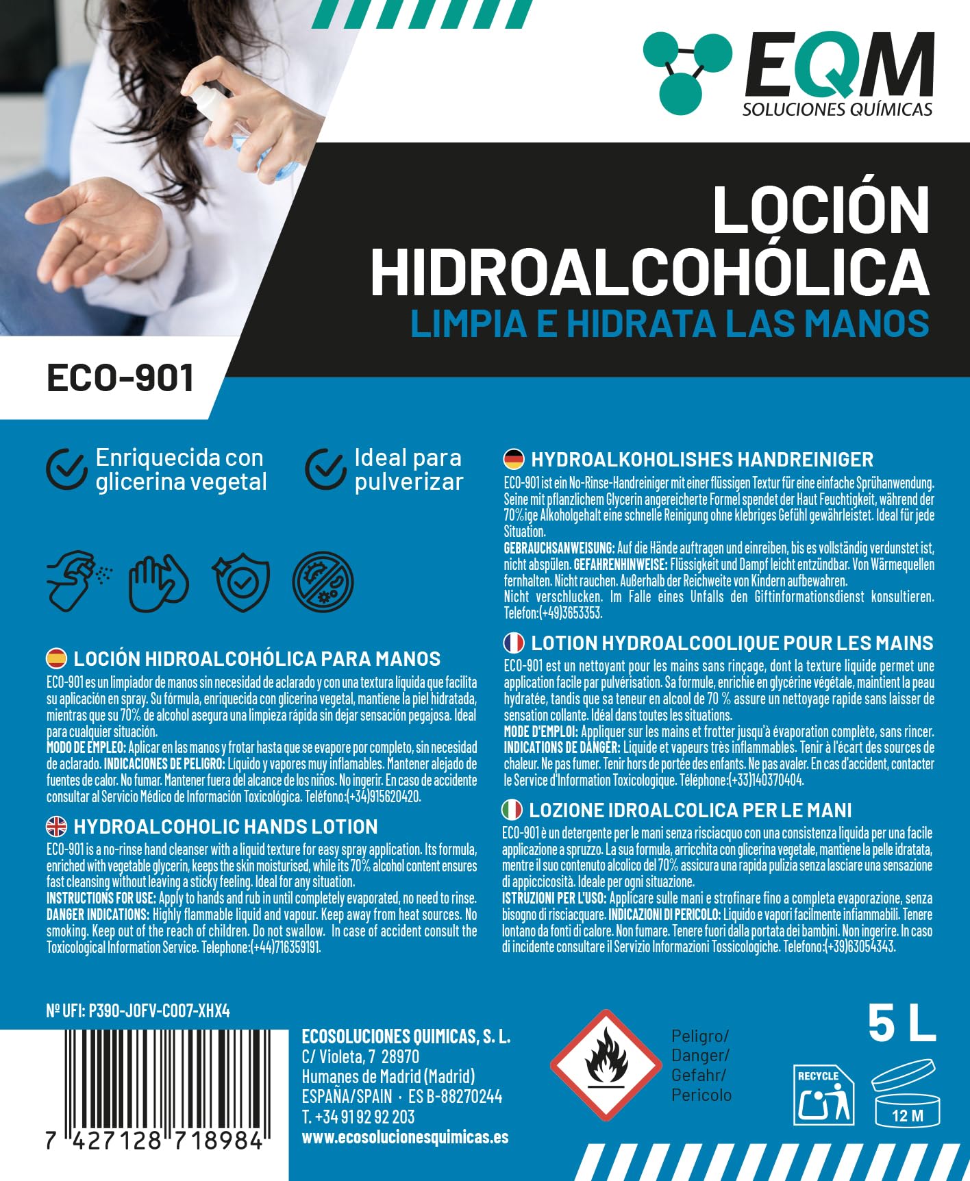 EQM - ECO-901 - Loción Hidroalcohólica para Manos - 5L - Eficacia Certificada por Laboratorio - Limpieza e Hidratación Profunda - Fórmula con Alto Contenido en Glicerina