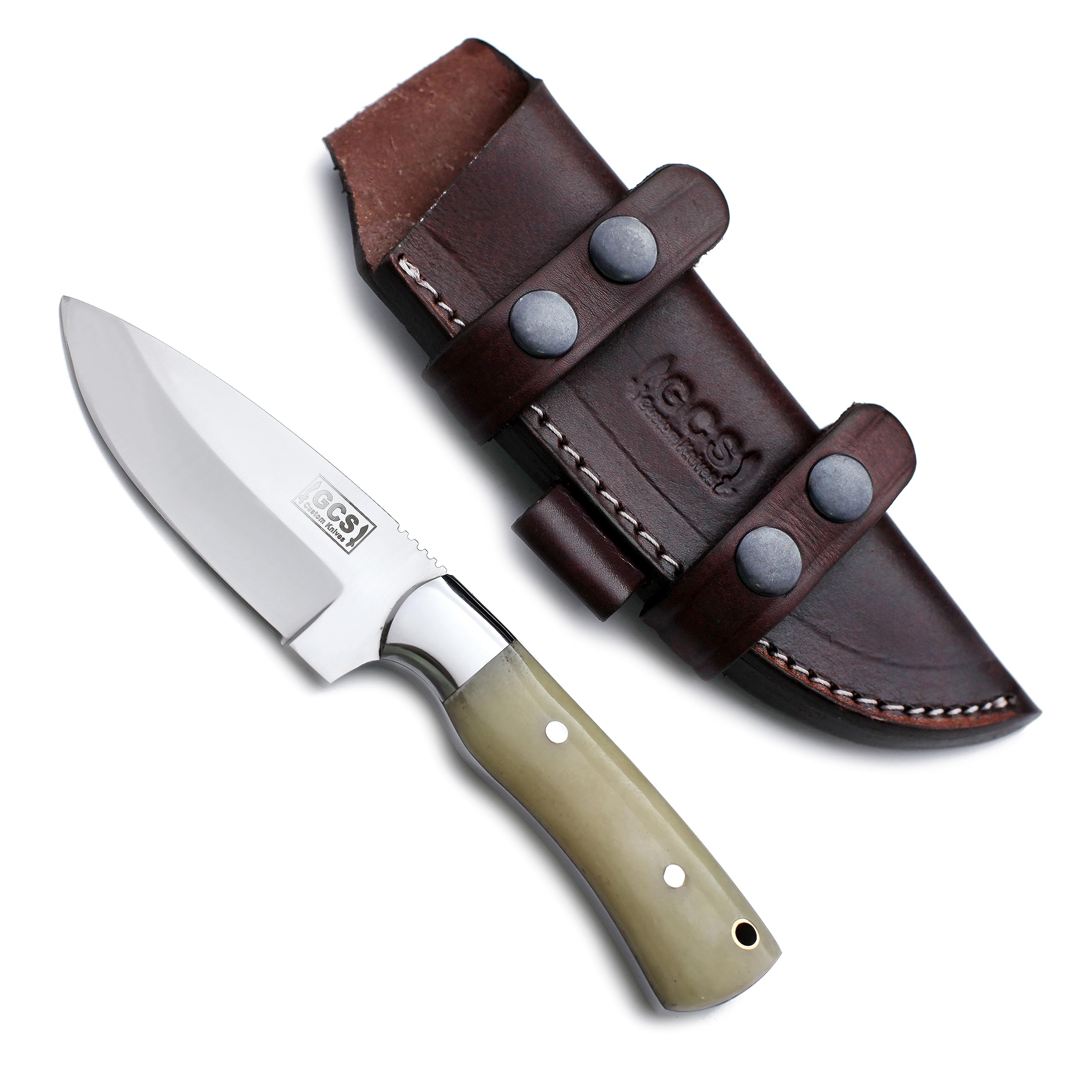 GCS Custom Handmade CAMEL BONE Handle D2 Tool Steel Skinner Camping Knife with Horizontal-Vertical Leather Sheath GCS116