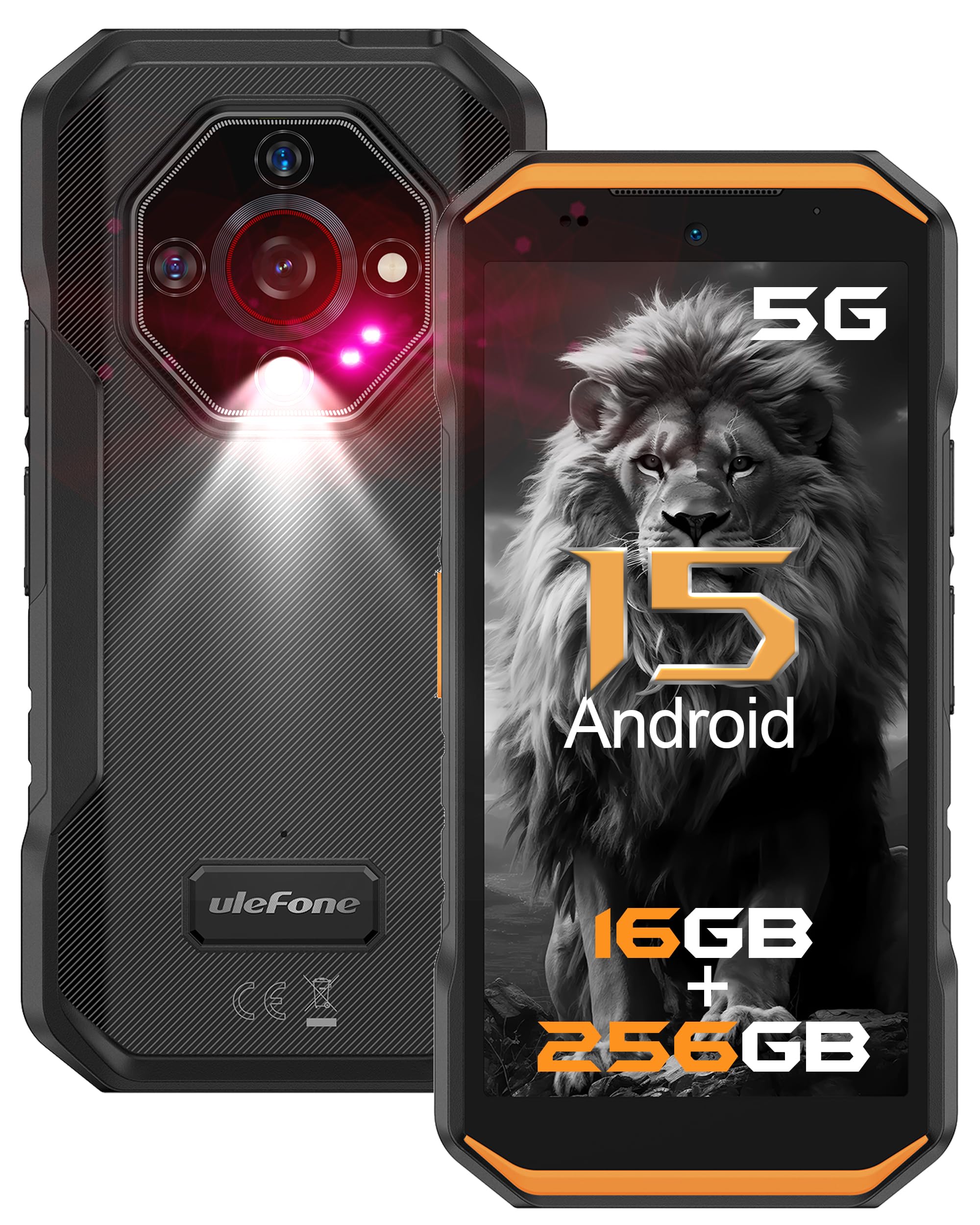 Ulefone Armor X32 Pro 5G Rugged Phone, MTK Dimensity 6300, 16+256GB, Android 15, Widevine L1, 64MP/25MP Night Vision, Dedicated Glare Flashlight, 5G Wifi Hotspot, 5.65” 90Hz, 5500mAh, NFC/GPS - Orange