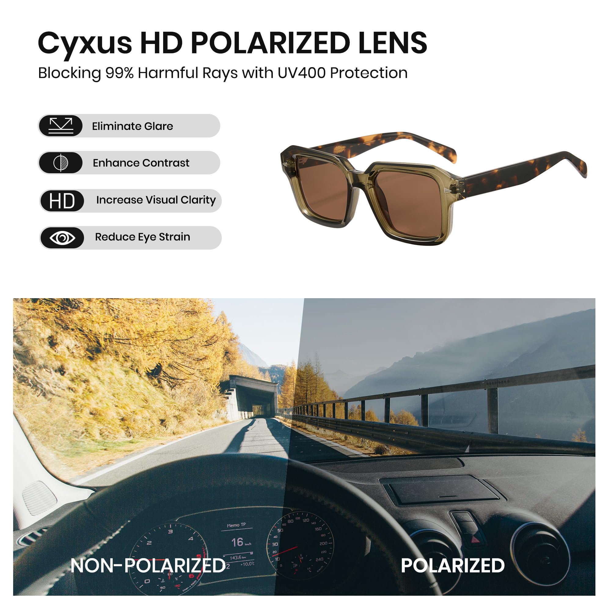 Cyxus Occhiali da sole oversize uomo donna retrò polarizzati occhiali da sole outdoor UV 400 per guida pesca viaggi P1580, marrone, sovradimensionato