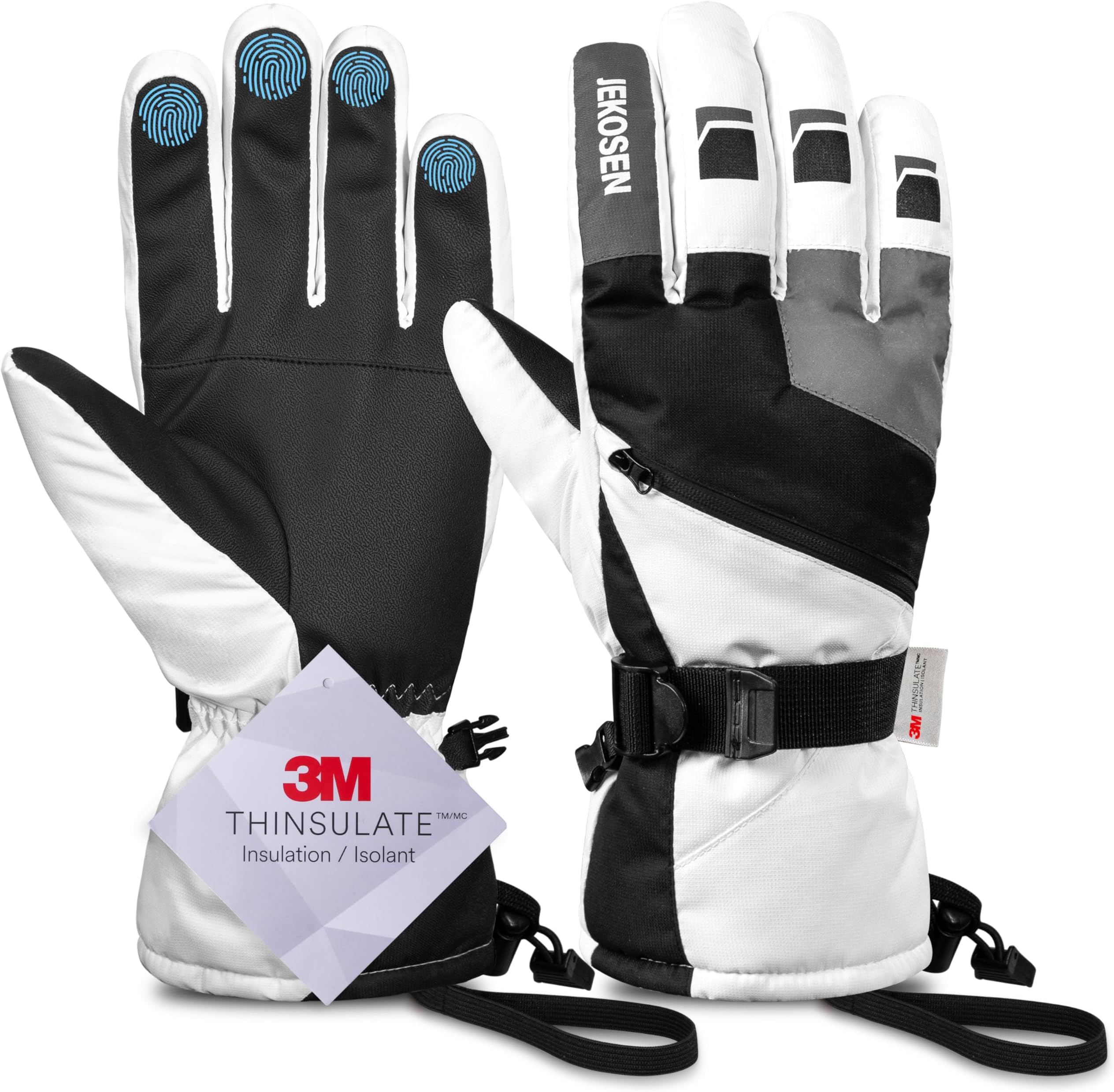 Ski Gloves Mens Womens Waterproof Warm Snowboard Snow Winter Cold Weather Touchscreen with Wrist Leashes White Medium