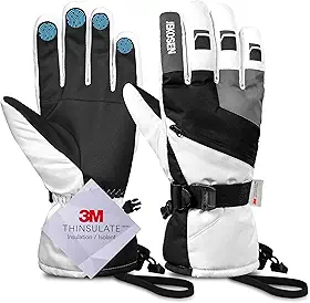 Luvas de esqui 2022 femininas masculinas impermeáveis com tela sensível ao toque luvas para snowboard para neve clima frio inverno manter quente com guia antiperda de pulso branca média
