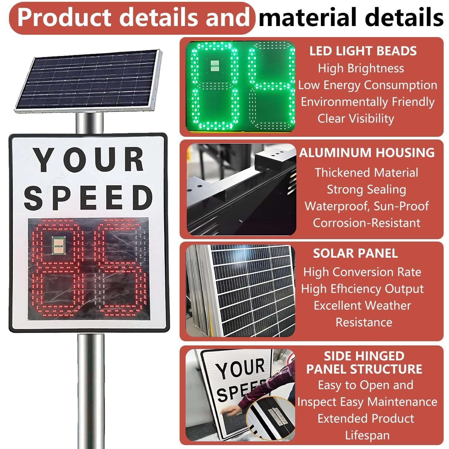 Señales Digitales De Detector Velocidad Rader, Señal Visualización Radar LED con Energía Solar, Resistente Al Agua Ip65, Límite Máximo Ajustable For Seguridad Vial(Yellow,24”*35“)