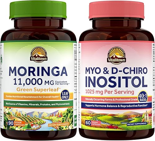 Vitalitown Paquete de moringa e inositol - Cápsulas de moringa de 11,000 mg + mio-inositol y D-Chiro para mujeres, impulso de energía, apoyo