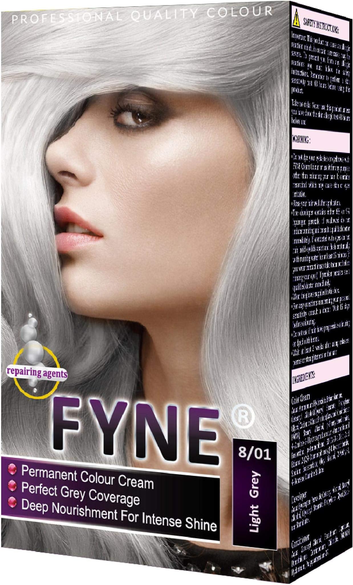 FYNE Light Grey Permanent Hair Dye for Women - Home Hair Colour Cream with Built-in Conditioner - Gentle, Long-Lasting, Easy to Use, Suitable for All Hair Types - Achieve Salon-Quality Results at Home