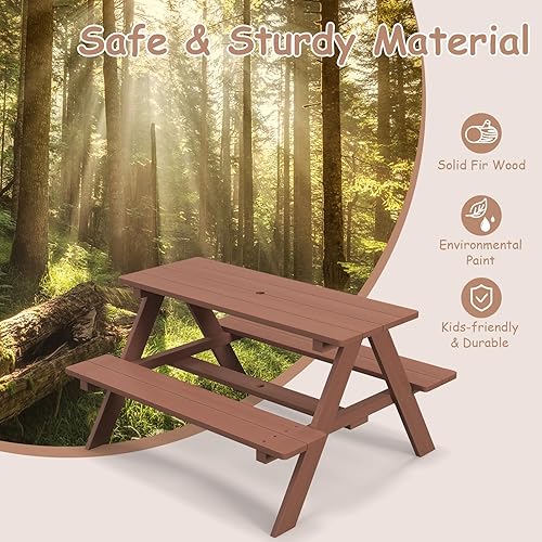 Miniatura 4 de Olakids Mesa de picnic para niños, juego de mesa y silla de madera para niños pequeños con paraguas extraíble, juego de muebles de actividades para