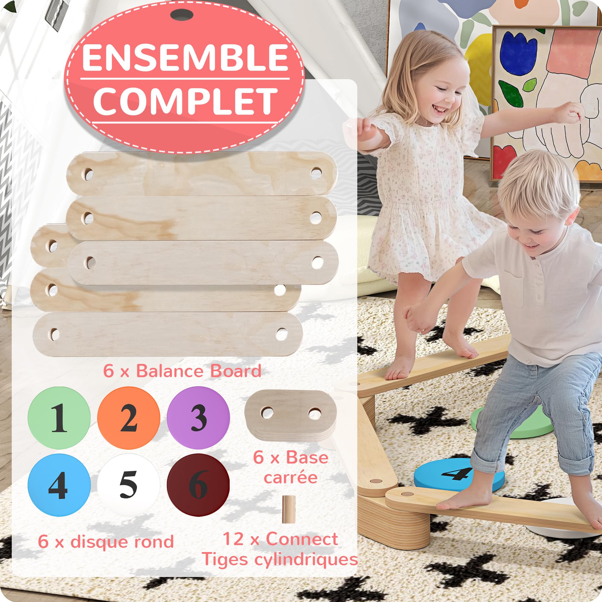 AIYAPLAY Poutre d'Équilibre pour Enfants, Modulable, Bois Massif de Pin, Parcours de Motricité, 6 Pièces pour Intérieur et Extérieur, Jouet Montessori d'Entraînement d'Équilibre, Charge 50 kg, Naturel
