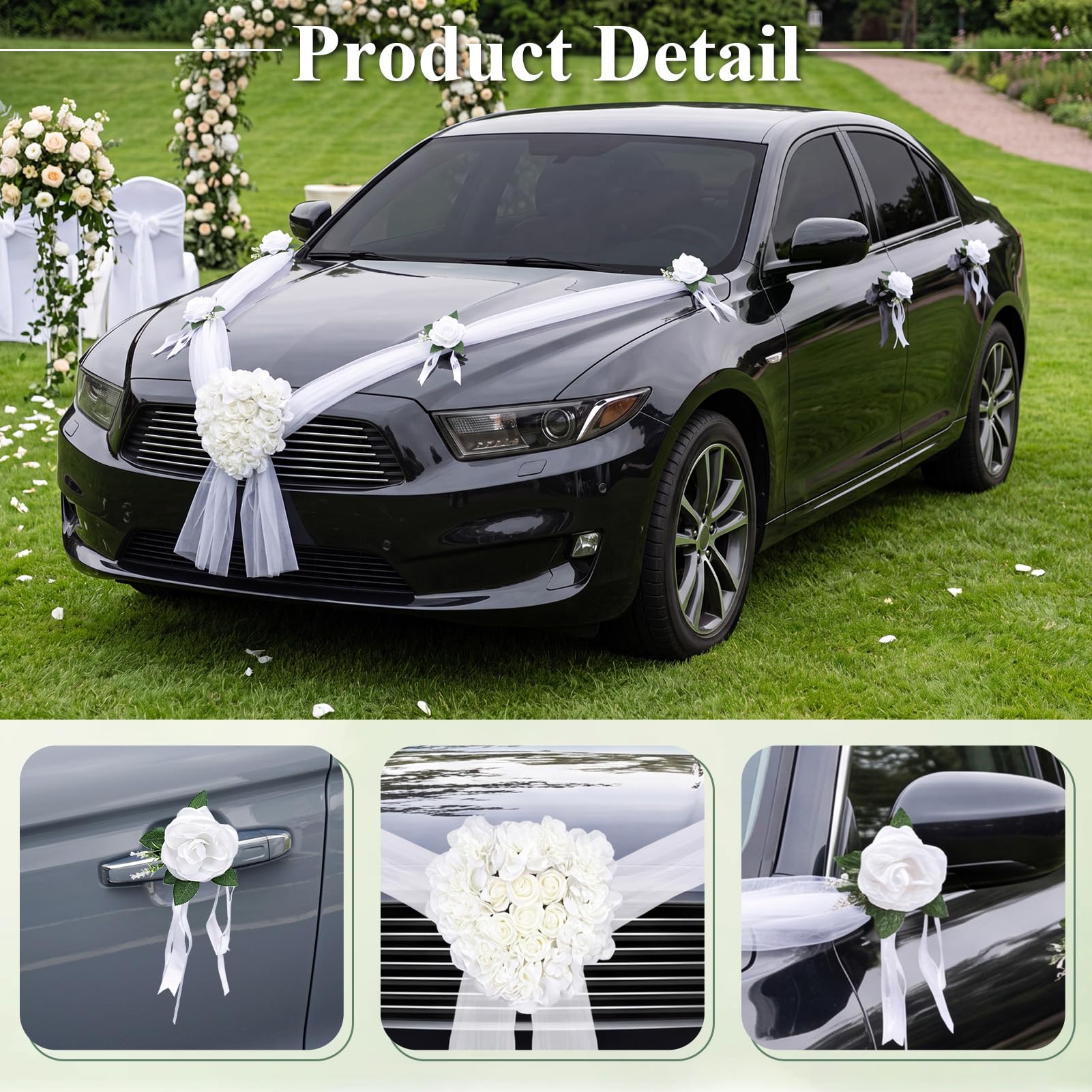 Yosoo Health Gear Décoration de Voiture de Mariage, Ensemble de Fleurs Artificielles, Guirlande de Ruban, Décoration pour Poignée de Porte de Capot (en Forme de Coeur)