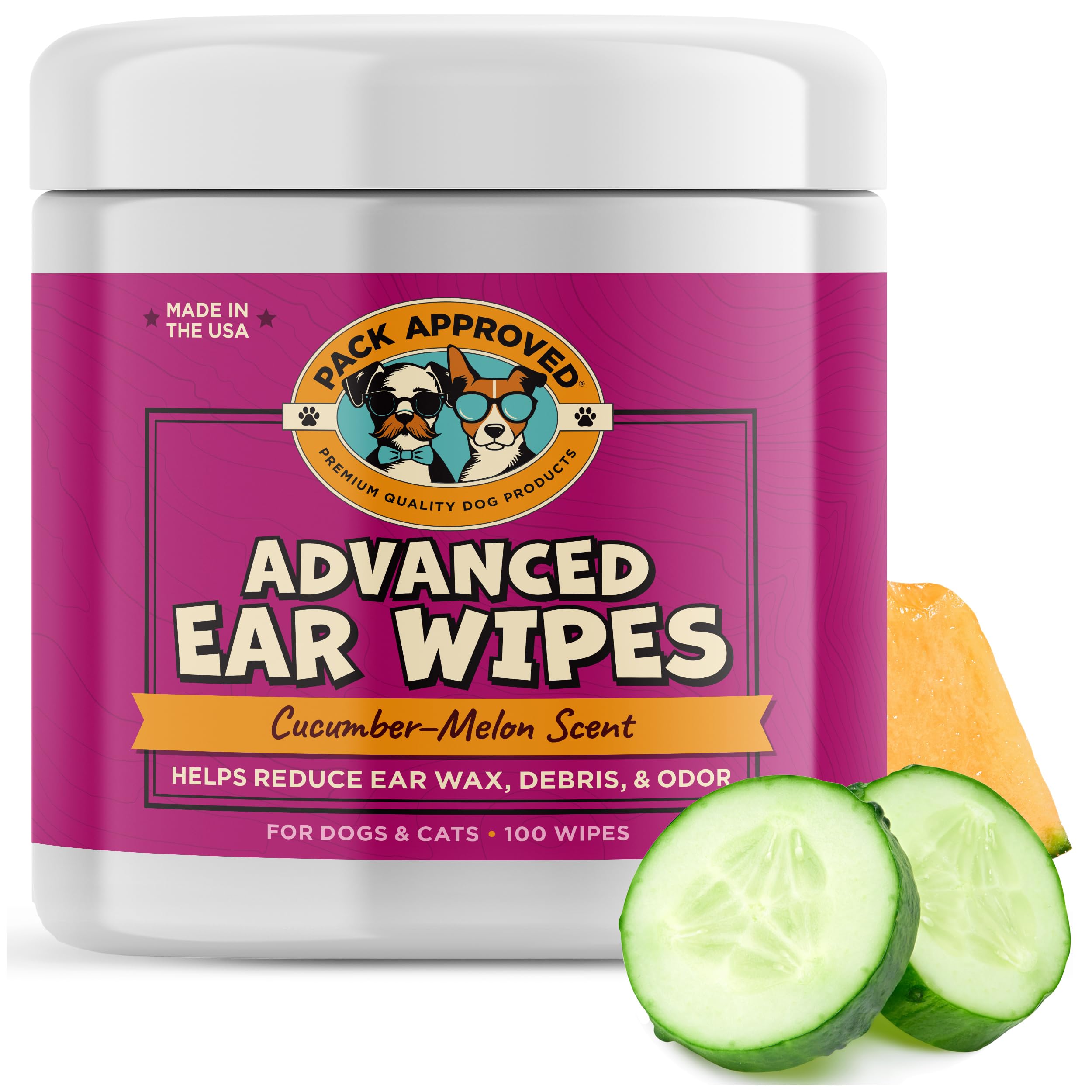 Advanced Ear Wipes for Dogs & Cats with Aloe Vera - Gentle, Non-Irritating Ear Cleaner for Cats and Dogs - Helps Deodorize and Remove Ear Wax - Cucumber Melon Scent (100 Wipes)