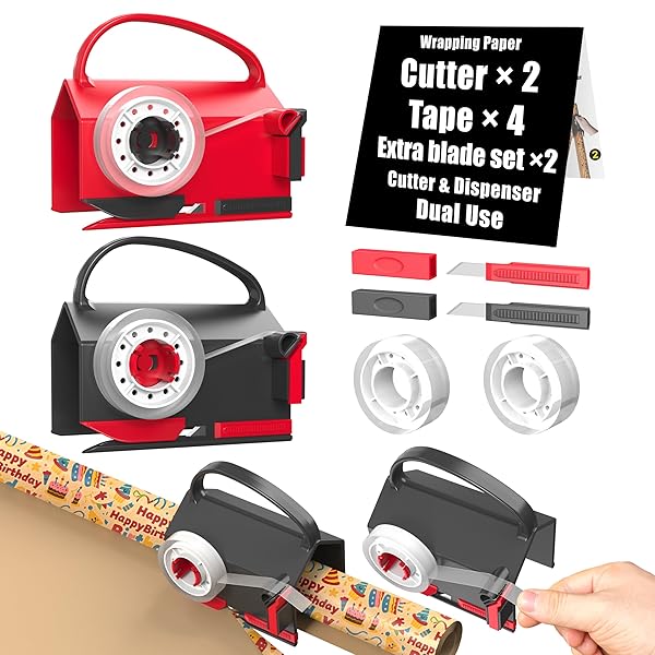 Wraprocut (2-Pack) Wrapping Paper Cutter & Tape Dispenser Dual Use with 4 Tapes2 Replace Blades Kit for Christmas Gift Wrap Cutter Tool Paper Roll Holder Tube Sliding Slicing for Birthday Holiday.