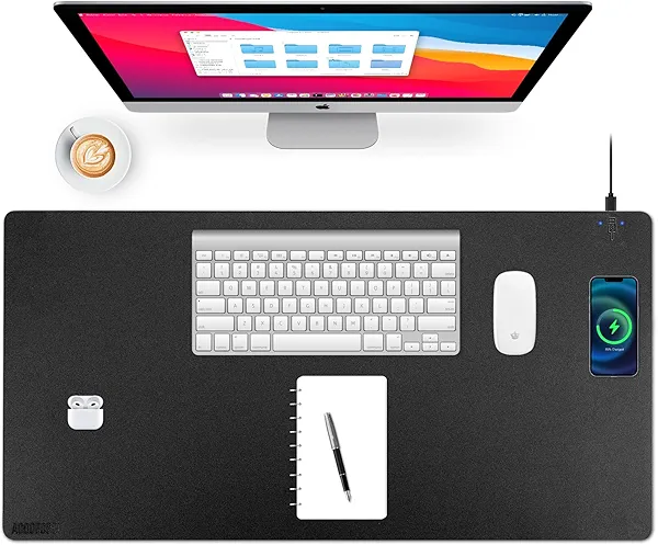 Wireless Charging Desk Mat with Desk Pad for Desktop Charging Large Mouse Pad Waterproof Leather Computer Mat Mouse Pad Non-Slip Protector on Top of Desks for Keyboard and Mouse (black-r, 32*16inch)