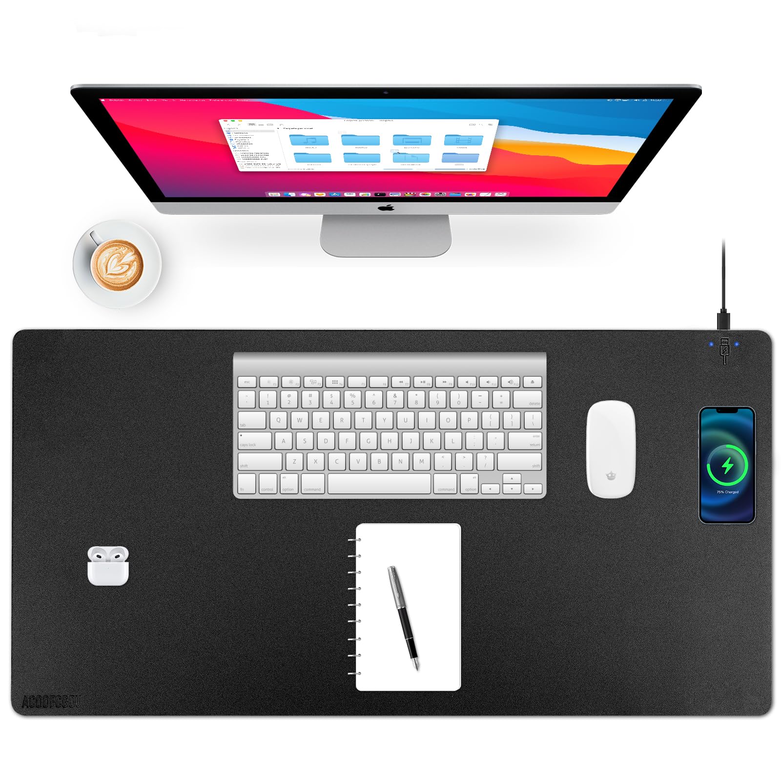 Tappetino da scrivania con ricarica wireless, tappetino per mouse grande, impermeabile, in pelle, antiscivolo, per tastiera e mouse (colore: nero, 81 x 40 cm)